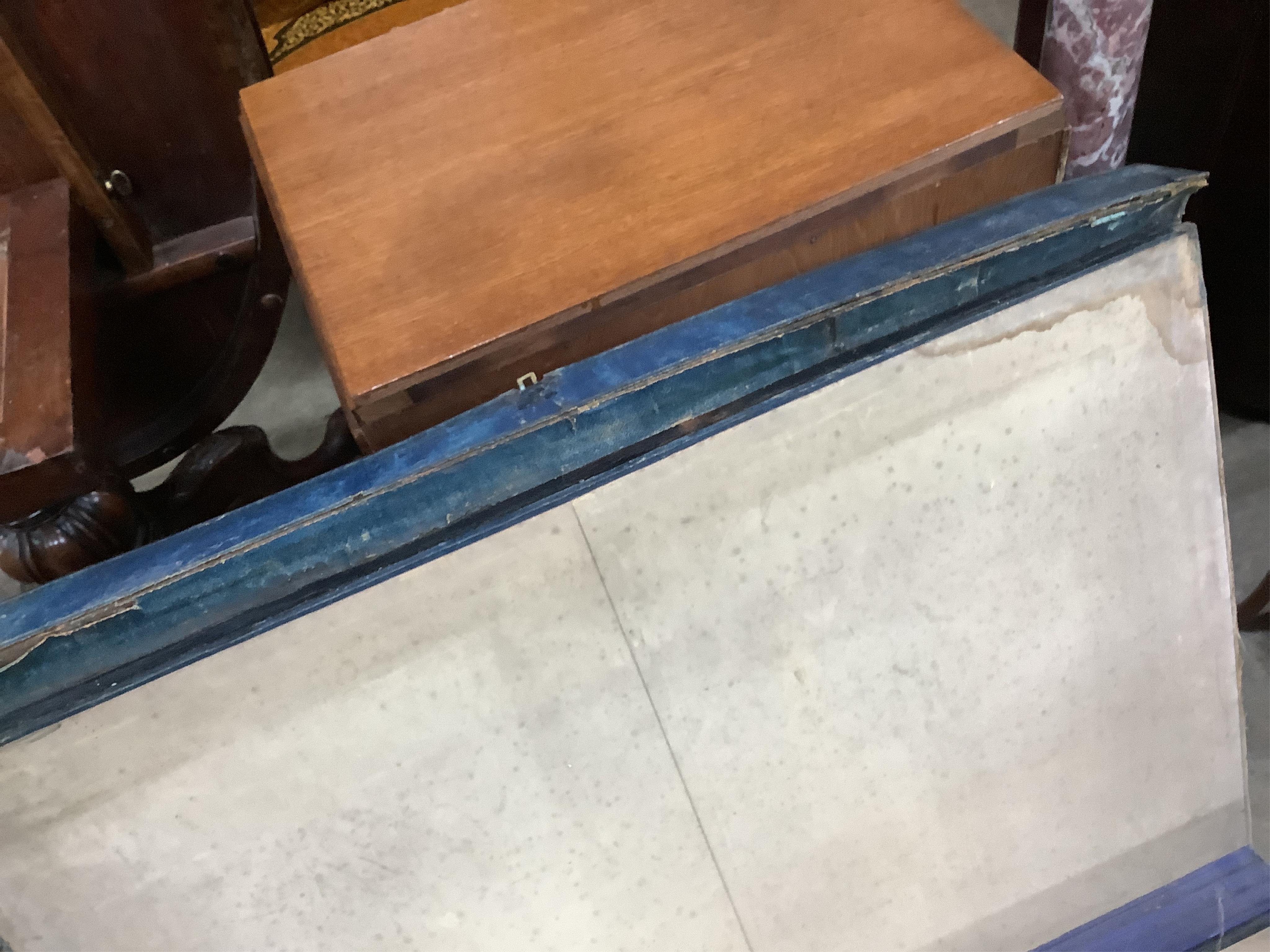 A Victorian brass mounted green morocco folio stand, width 82cm, height 90cm